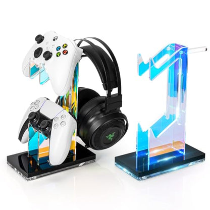 OAPRIRE Headset and Controller Stand with Lights, 2 Tier Acrylic Game Controller Holder, Controller and Headset Stand for Desktop,Universal Design Compatible with PS5/PS4/XBOX/SWITCH (Black) - color: Black, size: 2 Tier-Lights
