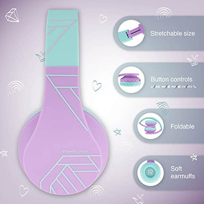 PowerLocus Bluetooth Headphones for Kids, Wireless Foldable Headphones Over Ear, Headphone with Microphone, 85DB Volume Limit, Wireless and Wired Headset with Micro SD, FM for Cellphones, Tablets, PC - color: Teal/Purple