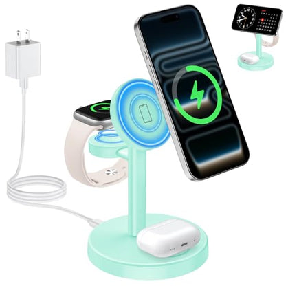 Aeinidi 2026 3 in 1 Wireless Charging Station Compatible with MagSafe, 15W Fast Magnetic Mag-Safe Charger Stand for Apple iPhone 17 16 15 14 13 12 iWatch AirPods Pro 4 3 2, LightGreen - color: LightGreen