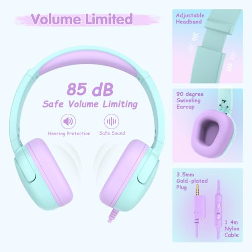 ACESAK Backpack for Girls with Headphones - Girls Backpack with Lunch Box, Pencil Case & Kids Headset - 3.5mm Wired Headphones for School Bookbag Schoolbag Set Back To School Gift (Blue Purple) - color: Blue Purple