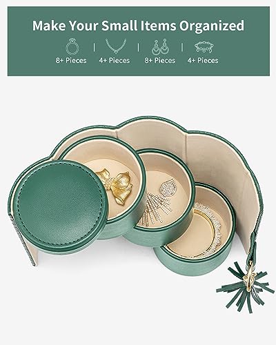VLANDO Travel Jewelry Organizer, 3 Tier Roll Up Design, Hard Shell Storage | Stepped Sections Compartments Keep Jewelry Visible, Soft Lining Protect Pieces, Snap Closure, Travel Gift for Women Girl - color: Green