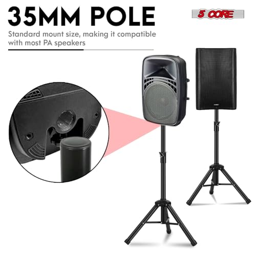 5 Core Speaker Stand Pair Universal Mount Steel Construction 132 Lb Capacity Stable Tripod w/Adjustable Height 36” w 35mm Compatible Insert Metal Safety Pin Included Bag - color: BLACK