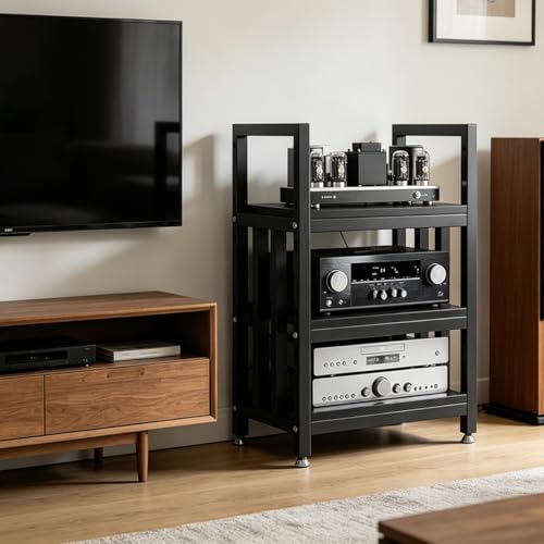 Adjustable Open Frame Hi-Fi Audio Stand, Wood Top Metal Audio Rack with Anti-Vibration Foot, AV Equipment Shelving for Living Room Home Cinema Studio(Black-D) - color: Black-d
