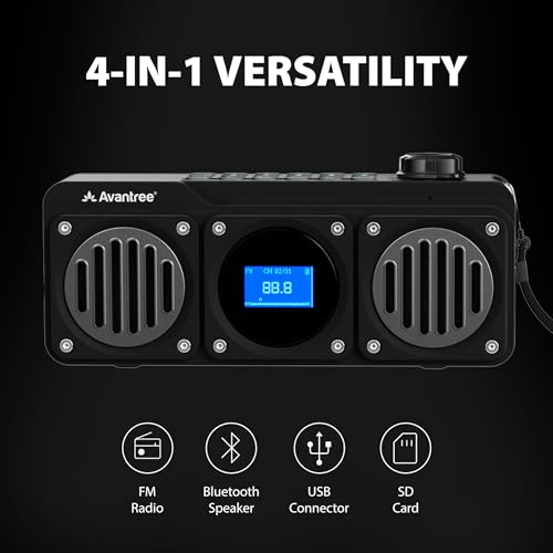 Avantree BoomByte - Portable FM Radio & Bluetooth Speaker with Stereo Sound | Long Rechargeable Playtime, Micro SD Card & USB Audio Input, MP3 Player, Metal Finish, Easy to Use, Black - color: Black