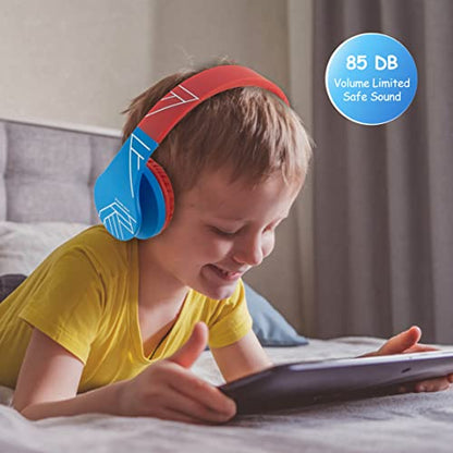 PowerLocus Bluetooth Headphones for Kids, Wireless Foldable Headphones Over Ear, Headphone with Microphone, 85DB Volume Limit, Wireless and Wired Headset with Micro SD, FM for Cellphones, Tablets, PC - color: Blue/Red