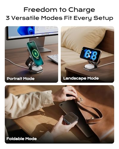 KU XIU Qi2.2 25W Magnetic Wireless Charger, Foldable 3 in 1 Travel Charging Station for iPhone 17/16/15/14/13/12, 5W for Apple Watch & AirPods, Aluminum Alloy Design, with 45W GaN Adapter, Wood Grain - color: Wood Grain