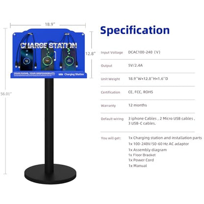 Floor Standing Cell Phone Charging Station with Fast Charigng Cables – 8 Device Charging Dock for Office, Hotel & Public Spaces | Compatible with iPhone ipad Smartphone Tablets Android Port (Blue) - color: Blue