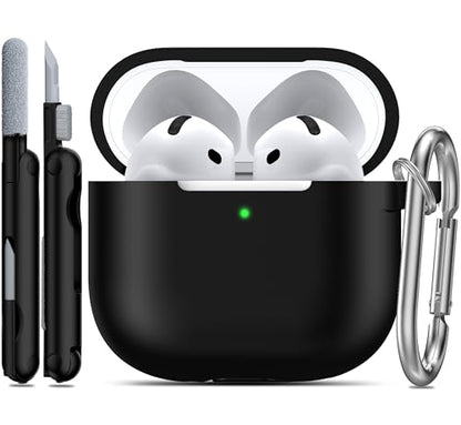 RFUNGUANGO for AirPods 4 Case, Black | Cleaner Kit, Carabiner, Soft Silicone Protective Cover, Wireless Charging Compatible - color: A-A-Black, size: AirPods 4 Case