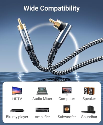 BlueRigger Subwoofer Cable 90D (25FT, RCA Audio, Dual Shielded, Gold Plated, Right Angled Male RCA Connectors) – Compatible with Subwoofer, Amplifier, Home Theater - size: 25FT