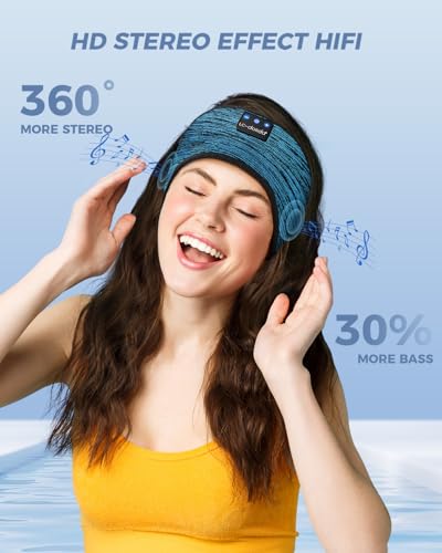 LC-dolida Boho Sleep Headphones Headband, Over Ear Bluetooth Headphones Wireless Womens Headbands, Wireless Earphones Sweat Resistant Band Music Sleeping Eye Mask Earbuds for Sports Unique Gifts - color: Beige Blue
