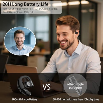 Hmusic I6 Bluetooth Earpiece – Single Ear Headset with ENC Mic, Bluetooth 5.4, 20H Battery with LED Power Display, 180° Rotatable Wireless Headset for Work, Driving & Office Calls | 180° Rotatable Earbud, ENC Mic, 20H Battery with LED Power Display, Mono