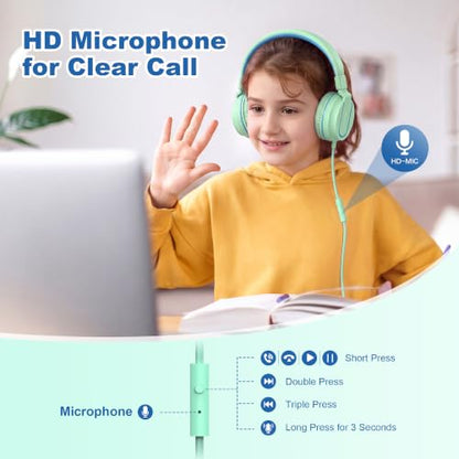 AILIHEN I35 Kids Headphones for School with Mic, 93dB Safe Volume, Green | Wired On Ear Headphones for Kids Girls, Foldable Lightweight Headphone for Classroom Learning & Entertainment Travel Computer - color: Aqua Green