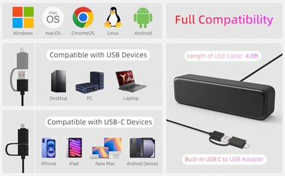 Computer Speakers for Desktop PC, External Speakers for Laptop, Mini Computer Soundbar for PC, Wired USB Plug in Speakers with Loud Sound, Deep Bass, Wide Compatibility – Bult-in USB C to USB Adapter