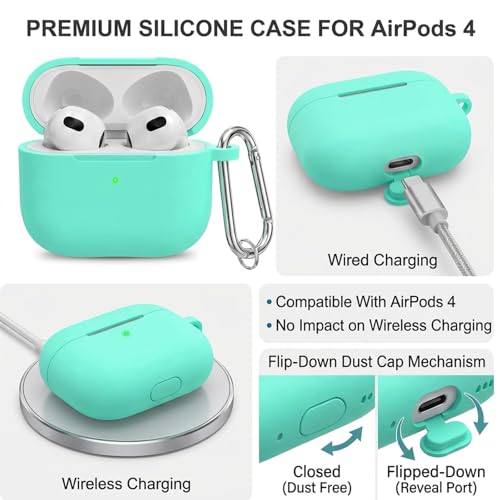for Airpods 4th Case Cover, Come with Cleaner Kit,Soft Skin Silicone Case Cover with Keychain, Front LED Visibl, Full Protective Case，Compatible with AirPods 4th(Mint Green) - color: B3-Mint Green