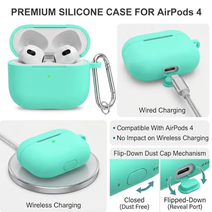 for Airpods 4th Case Cover, Come with Cleaner Kit,Soft Skin Silicone Case Cover with Keychain, Front LED Visibl, Full Protective Case，Compatible with AirPods 4th(Mint Green) - color: B3-Mint Green