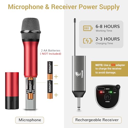 TONOR Wireless Microphones, Cordless Mic with Rechargeable Receiver, 200ft Range UHF Handheld Dynamic Microfonos Inalambricos Professional for Karaoke Singing Party Wedding Church TW630 Silver&Red