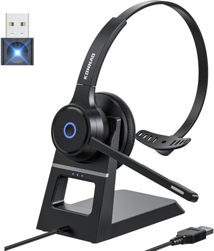 Bluetooth Headset with AI Noise Cancelling Microphone, V5.3 Wireless Headphones with USB Dongle, Charging Station, Microphone Mute Switch, Wireless Headsets for Work