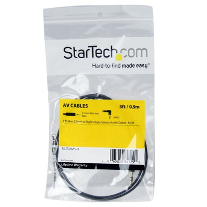 StarTech 3ft Slim 3.5mm Audio Cable, Right Angle, Male to Male (MU3MMSRA) | Aux Cable - size: 3 ft, style: 1 Angled Connector