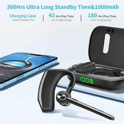 Bluetooth Headset Wireless Earpiece Single Ear Headset with Microphone | 180H Playtime 1000mAh Charging Case Wireless Charging LED Display Handsfree for iPhone Android PC Computer Trucker Drivers - color: Black