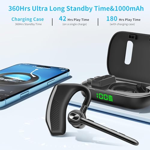 Bluetooth Headset Wireless Earpiece Single Ear Headset with Microphone | 180H Playtime 1000mAh Charging Case Wireless Charging LED Display Handsfree for iPhone Android PC Computer Trucker Drivers - color: Black