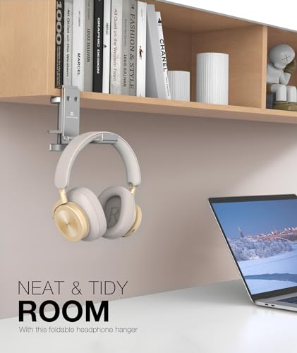 Foldable Headphone Stand and Hook – Aluminum Headset Holder Clamp Mount Under Desk, Universal Fit for Gaming Headphones, Space-Saving Hanger Organizer - color: Silver