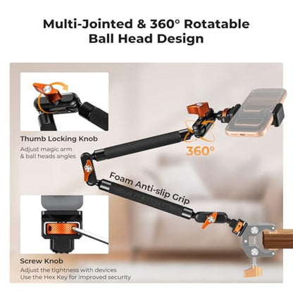 K&F CONCEPT 22" Magic Arm, Overhead Desk Camera Arm Mount, Long Articulating Friction Boom Arm for Phone, Action Camera, LED Light, Microphone