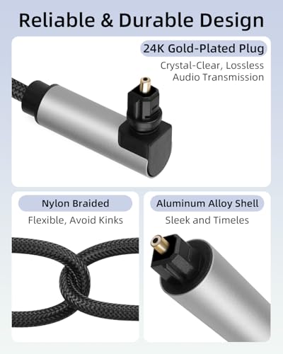 90 Degree Optical Cable for Soundbar to TV, Right Angled Toslink Plug Digital Optical Audio Cable for Home Cinema, Stereo System (2m / 6.56ft)