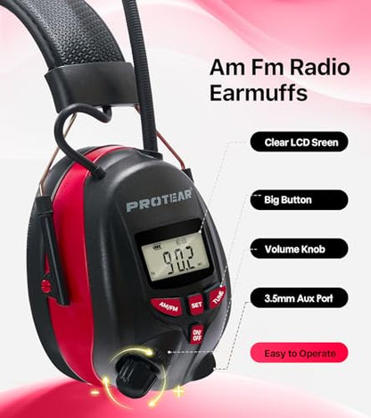 Digital AM FM Radio Headphones, Hearing Protection Earmuff for Adult, 30dB SNR for Mowing, Construction, Chainsaw - color: Am Fm Radio + Battery + Red