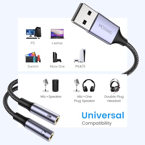 MOSWAG USB Audio Adapter External Sound Card Stereo Cable with Dual TRS 3-Pole 3.5mm Headphone and Microphone Jacks USB to Dual 3.5mm Audio Jack Adapter Cable for Windows Mac PC Laptops