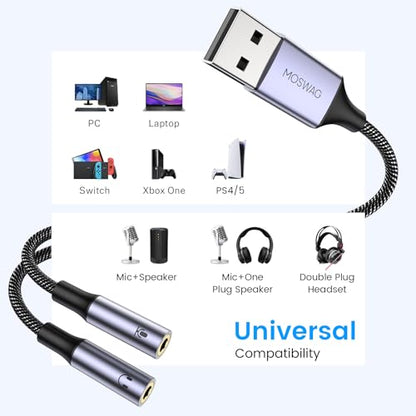 MOSWAG USB Audio Adapter External Sound Card Stereo Cable with Dual TRS 3-Pole 3.5mm Headphone and Microphone Jacks USB to Dual 3.5mm Audio Jack Adapter Cable for Windows Mac PC Laptops