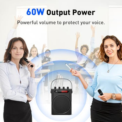 ZOWEETEK 60W Voice Amplifier with 2 Wireless Microphones | PA System, Karaoke Machine, Portable Speaker, Support TF/USB/Aux/Guitar, Rechargeable, for Speech/Class/Karaoke
