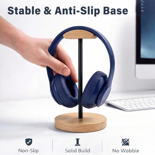 Wood & Metal Headphone Stand, Desktop Headset Holder with Stable Non-Slip Bamboo Base, Universal Headphone Hanger for Gaming Headsets, Office Desk, Home, Gift - color: Wood-tone