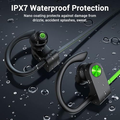 Bluetooth 5.3 Headphones, Wireless Sports In-Ear Earbuds IPX7 Waterproof | 16 Hours Playtime, Sweatproof Stereo Earphones with MIC, Noise Cancelling Headsets for Gym Running Workout, Clear Sound - color: Green