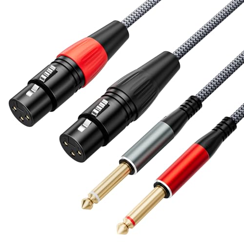 Dual 1/4 inch TS Male to Dual XLR Female Cable, 5FT | Nylon Braided 2 XLR Female to Dual 6.35mm TS Mono Y Splitter, Gold-Plated Audio Patch Cable for Speaker Mixer Microphone - size: 5FT