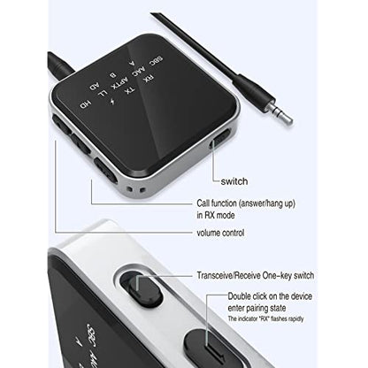 Bluetooth 5.2 Transmitter Receiver, AptX Adaptive HD Adapter, Dual Mode, Low Latency Audio with 3.5mm AUX Connector for TV/PC and Home Stereo Systems
