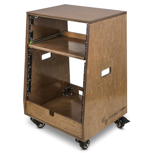 Sound Town DIY Slanted 12U Studio Rack (4U Top + 8U Lower), with 2U Bottom Storage, Slide-Out Tray, Caster, Plywood, Weathered Brown for Recording Room, Home Studio (SDRK-ST12TB) - size: 12U(4U Top + 8U Lower),Weathered Brown