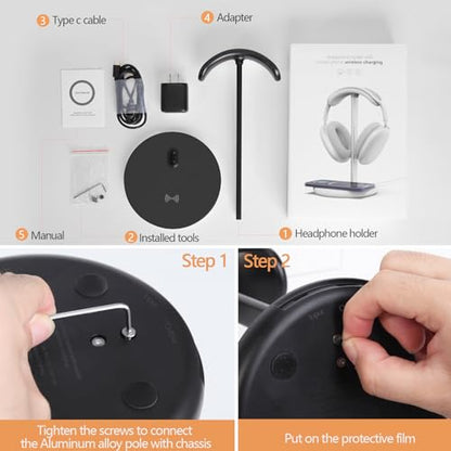 Headphone Stand with Wireless Charger, Gaming Headset Holder Hanger Rack 2 IN 1 Wireless Charging Station Dock for iPhone 15/14/13/12/11 Series, Samsung, AirPods Pro/3/2 and Desk All Headphones, Black | 2 in 1 Charging Station for iPhone, Samsung, AirPods