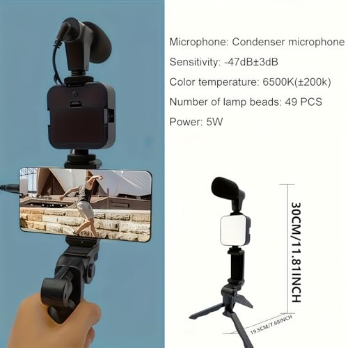 Tripod Vlogging Kit for iPhone and Android with LED Light Mini Shotgun Mic Adjustable Phone Holder for Travel, Live Streaming, Black - color: Black