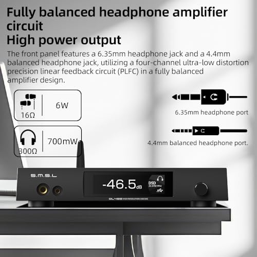 S.M.S.L DL400 Audio DAC & Headphone Amplifier DSD 256 PCM 32bit/768kHz 32Ω3000mW*2 Balanced Headphone Amplifier RCA/XLR/6.35mm&4.4mm Headphone Output with Remote Control, Hi-Fi Audio Stereo Receiver
