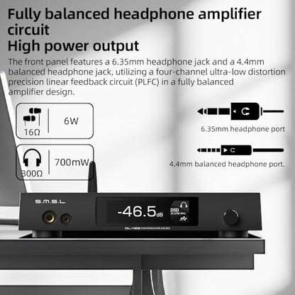S.M.S.L DL400 Audio DAC & Headphone Amplifier DSD 256 PCM 32bit/768kHz 32Ω3000mW*2 Balanced Headphone Amplifier RCA/XLR/6.35mm&4.4mm Headphone Output with Remote Control, Hi-Fi Audio Stereo Receiver