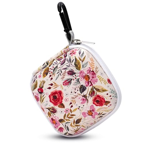 Unique Patterned Portable EVA Earbud Case with Carabiner | Printed Earbud Holder With Sturdy Carabiner, Multi-Use Storage For Earphones, Headphones, SD Cards & Small Electronic Chips - color: Beige flowers