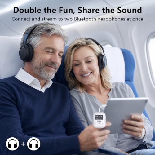 1Mii SafeFly Min Airplane Bluetooth Adapter for 2 AirPods or Headphones | aptX Adaptive & HD Hi-Fi Sound, Display Screen, 25H Battery, 3.5mm AUX Wireless Audio Transmitter for Flight Travel, TVs, Gym