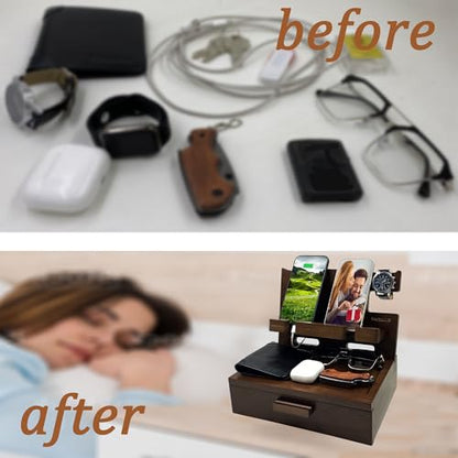 VEIYAILU Gifts for Men Women Him Husband Son Boyfriend Birthday Nightstand Organizer Wood Phone Docking Station Birthday Gifts (Deep Walnut) - color: Deep Walnut
