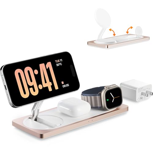 3 in 1 Wireless Charging Station for Apple Devices with MagSafe | For iPhone 17/Air/16/15/14/13/12, AirPods & Apple Watch, Foldable Portable Aluminum Charging Stand, Adapter Included - color: Golden