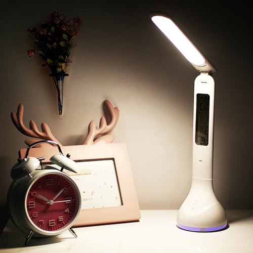 IHAO 7-Color Gradient Ambient Desk Lamp with LED Display Eye-Caring LED Table Lamp with Calendar, Temperature Display, Multi-Angle Adjustable Modern Office Lamp for Home & Office T19A White - color: Table Lamp T19A White