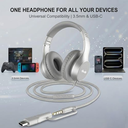 Wired Over-Ear Headphones, Mic, 3.5mm Jack, USB-C Adapter, Silver | Foldable over-ear headphones with soft cushions, inline mic, 3.5mm jack, and USB-C adapter for school, office, and travel. - color: Silver