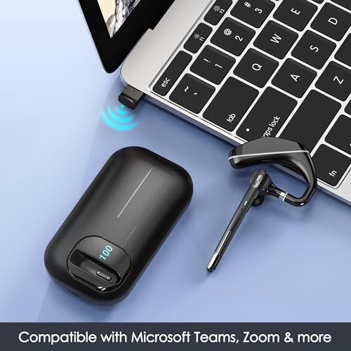 EKVANBEL Bluetooth Headset V5.3, Wireless Earpiece with 1000mAh Charging Case, 96H Talktime, Hands Free Noise Canceling Headphones with Dual-Mic for Computer Cell Phones Trucker Home Office Work - color: Black