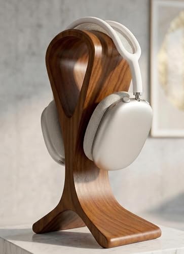 Wooden Headphone Stand for Desk – Premium Walnut Wood Headset Holder Compatible with AirPods Max, Gaming Headphones & Studio Headsets – Modern Desk Organizer & Headphone Display Stand