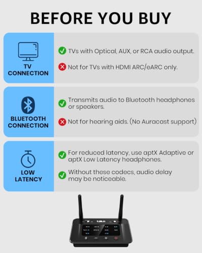 1Mii B03 Bluetooth 5.3 Transmitter Receiver for TV Home Stereo | aptX Low Latency/Adaptive/HD Wireless Audio Adapter to 2 Headphones, Volume Control, Optical RCA AUX, Soundbar Passthrough