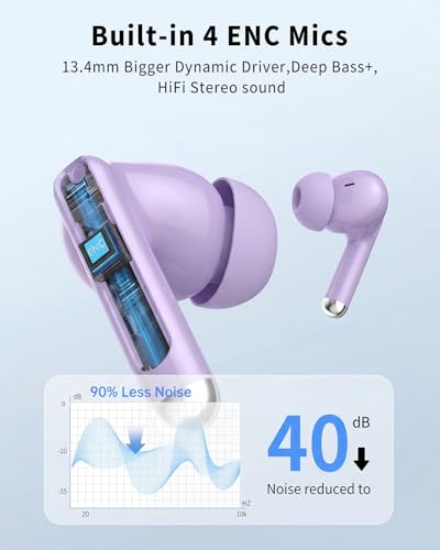 Wireless Earbuds, Bluetooth 5.4 Ear Buds Bass Stereo, Headphones with Noise Cancelling Mic, LED Display in Ear Earphones Clear Calls, IP7 Waterproof Bluetooth Earbuds for Phone/Android/iPad, Purple - color: Purple